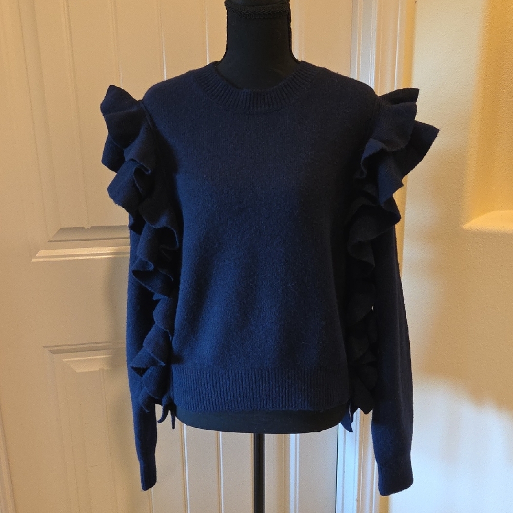 ZARA Ruffled Knit Jumper Dark Navy Blue, Size L